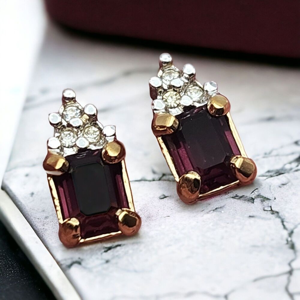 Dainty Purple Garnet Color Emerald Cut & Clear Round Rhinestones Vintage Earring